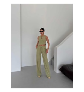 Kadın Keten Takım Alt Üst İkili Şık Tasarım Asil Model (Haki)