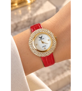 Rubenis Swiss Kadın Kol Saati Sarı Altın Renk Çelik 33mm Kristal Taşlı Kırmızı Gerçek Deri Kayışlı Sedef Kadranlı
