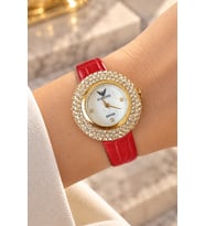 Rubenis Swiss Kadın Kol Saati Sarı Altın Renk Çelik 33mm Kristal Taşlı Kırmızı Gerçek Deri Kayışlı Sedef Kadranlı