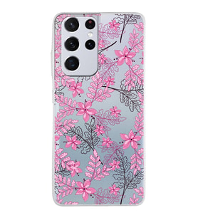 Samsung Galaxy S21 Ultra Kapak Floral Pembe Tasarımlı Şeffaf Silikon Kılıf