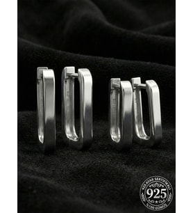 925 Ayar Gümüş Rodyum Kaplama Dikdörtgen Huggie Halka Küpe Seti 2'li Çift - (Orta-Küçük 3mm En)