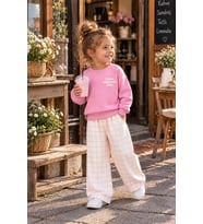 Little Wanderers Kabartma Sırt Baskılı Sweatshirt ve Ekose Eşofman Kız Çocuk 3ip Alt Üst Takım