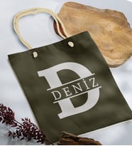 BK Gift Kişiye Özel Harfli Haki Halat Saplı Kumaş Bez Çanta-1, Baskılı Omuz Çantası, Alışveriş Çantası