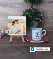 Anne Adayı Fotoğraflı Dekoratif Taş, Ahşap Altlıklı Türk Kahvesi Fincanı Hediye (Model 6)