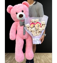 Kadina Hediye- 90cm Pembe Ayı ve Kişiye Özel Ayıcık Buketi - Dogum Gunu - Arkadaş - Kız Kardeş - Sevgililer Günü