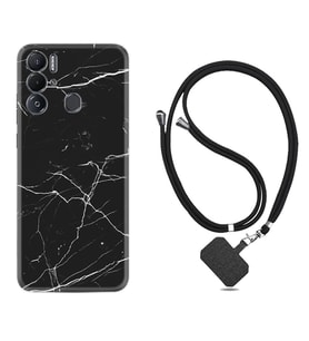 Tecno Pova Neo Kılıf Resimli Boyun Askılı İpli Desenli Silikon Siyah Mermer 1299