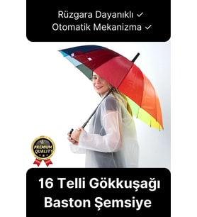 Özel Tasarım Rüzgara Dayanıklı Otomatik Model Fiber 16 Telli  Gökkuşağı Desenli Baston Şemsiye 55cm