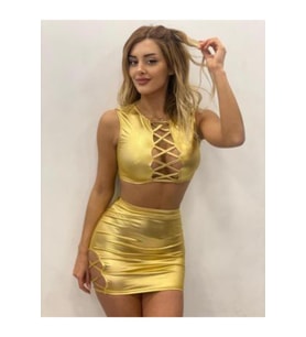 Gold Lame Kumaş Etekli İkili Takım