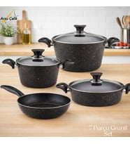 ARZU ÇELİK 7 Parça Granit Set Cam Kapak - Siyah