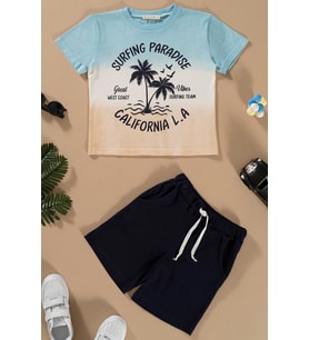Batik Baskılı Buz Mavisi Tshirt Şort Takım