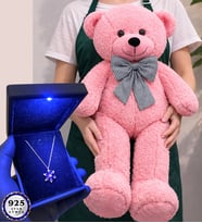 Premium Set Büyük Boy Pembe Peluş Ayıcık ve Işıklı Kutusunda 925 Ayar Gümüş Kolye (Model 7)