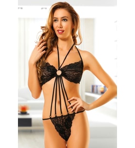Siyah Dantelli Fantezi Bodysuit - 914
