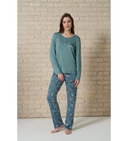 Kadın Düğme Detaylı Alt Kısmı Yaprak Desenli Uzun Kollu Pijama Takımı (Renksiz)