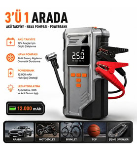 3’ü 1 Arada Akü Takviye Cihazı 12V 2000A  Hava Kompresörü Lastik Şişirme Pompası  12000 mAh Powerbank Dijital Ekranlı Taşınabilir Starter
