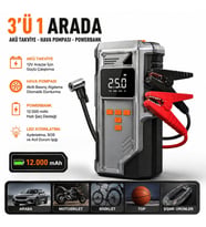 3’ü 1 Arada Akü Takviye Cihazı 12V 2000A  Hava Kompresörü Lastik Şişirme Pompası  12000 mAh Powerbank Dijital Ekranlı Taşınabilir Starter