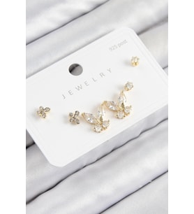 pilelistore Pirinç Zirkon Taşlı Kelebek Model Gold Renk 925 Ayar Gümüş Çivi Kadın Küpe Set - TJ-BKP1