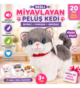 Sesli Miyavlayan Peluş Kedi 20 cm Yumuşak Sevimli Ayakta İnteraktif Oyuncak