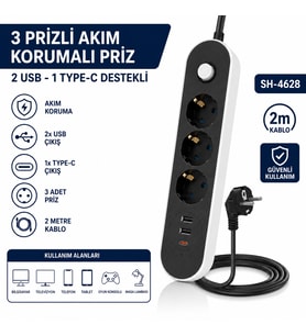SH-4628 3'lü USB Type-C Akım Korumalı Priz