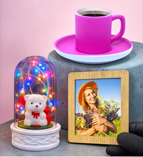 Premium Hediye Seti Renkli Işıklı Fanus, Pembe Türk Kahvesi Fincanı ve Fotoğraf (Model 3)