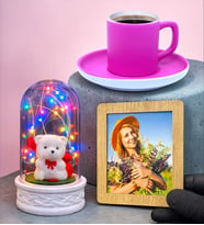 Premium Hediye Seti Renkli Işıklı Fanus, Pembe Türk Kahvesi Fincanı ve Fotoğraf (Model 3)