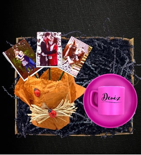 Kişiye Özel 3 Fotoğraflı TURUNCU Saksı ve İsimli Pembe Kahve Fincanı