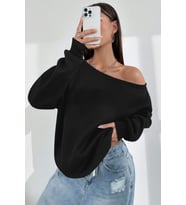 Ghassy Co. Kadın Kayık Yaka %100 Cotton 3 İplik Şardonlu Termal Kışlık Spor Üst Model Sweatshirt (Siyah)