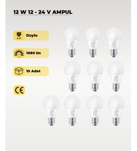 12W 12-24V  Ampul 6500K - Beyaz Işık - E-27 Duy - 10 ADET
