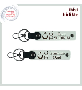 Kardeşe Kalıcı Hatıra, Ay Yıldız TC Yazılı İsim Soyisimli 2’li Anahtarlık Seti Hediye, Beyaz-Beyaz