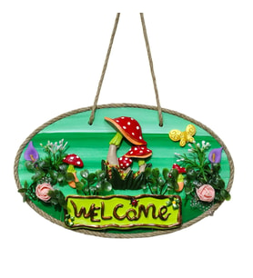 Cıvıl Cıvıl Kapı Girişi Dekoru: Yeşil, Mantarlı ve Çiçekli "Welcome" Yazılı Ahşa (Çok Renkli)