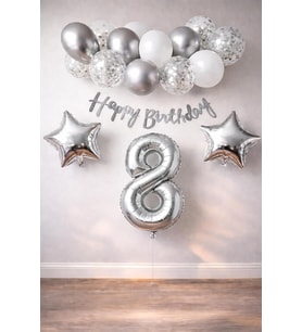 Konsept Dogum Gunu Kutlama Seti Beyaz Gumus Konfetili Balon Rakam Yıldız Folyo ve Banner (8 Yaş)