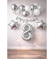 Konsept Dogum Gunu Kutlama Seti Beyaz Gumus Konfetili Balon Rakam Yıldız Folyo ve Banner (8 Yaş)