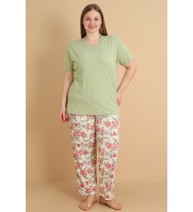 Mirano 4503 Çiçekli Kısa Kollu Pamuklu Penye Büyük Beden Kadın Pijama Takımı