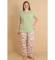 Mirano 4503 Çiçekli Kısa Kollu Pamuklu Penye Büyük Beden Kadın Pijama Takımı