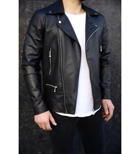 Erkek Yeni Sezon Siyah Biker Deri Ceket