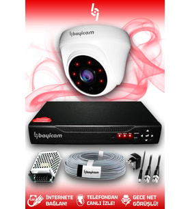 BAYICAM 1 Kameralı Dome 1 İç Kamera Set HDD'siz Full HD Gece Görüşlü Güvenlik Kamerası Sistemi