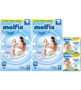 Molfix Bebek Bezi Beden:6 (15+Kg) Extra Large 124 Adet Ekonomik Ultra Fırsat Pk+6 Adet Islak Mendil