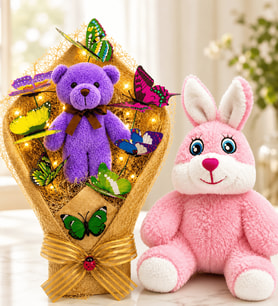 LED Işıklı Mor Peluş Ayıcıklı Buket ve Pembe Peluş Tavşan Hediye Seti Sevgiliye Hediye