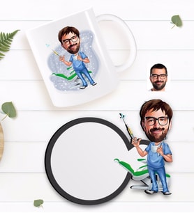 BK Gift Kişiye Özel Erkek Diş Hekimi Karikatürlü Beyaz Kupa ve Ahşap Bardak Altlığı Hediye Seti-4