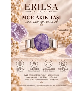 Sertifikalı Doğal Mor Akik Taşı Ayarlanabilir El İşçiliği Gümüş Renk Yüzük Balık Kova Yay