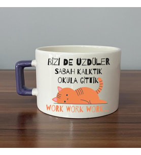 Bizi De Üzdüler Turuncu Kedi Baskılı Mor Kulplu C Fincan