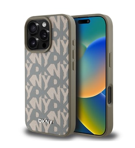 Apple iPhone 16 Pro Max Uyumlu Kılıf DKNY Orjinal Lisanslı M-safe Şarj Özellikli 3D Yazılı Grid Pattern Kapak (Kahverengi)