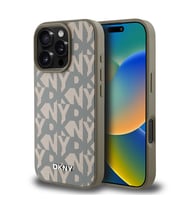 Apple iPhone 16 Pro Max Uyumlu Kılıf DKNY Orjinal Lisanslı M-safe Şarj Özellikli 3D Yazılı Grid Pattern Kapak (Kahverengi)
