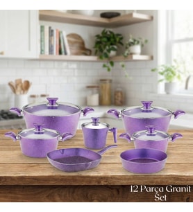 ARZU ÇELİK 12 Parça Granit Set Cam Kapak - Violet