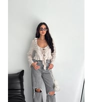 Alina Keten Bağcıklı Uzun Kollu Bluz – Bej