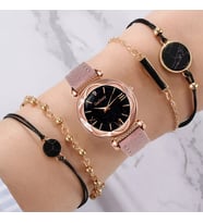 Gogoey Kadın Kol Saati Lüks Moda Şık Trend Bayan Set Saat Pembe Renk + 4 adet bileklik hediye (Siyah)