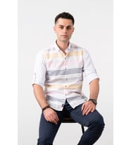 BİCAN SLİMFİT ÇİZGİLİ YAKA DÜĞMELİ KOL KATLAMALI ERKEK GÖMLEK (Beyaz)