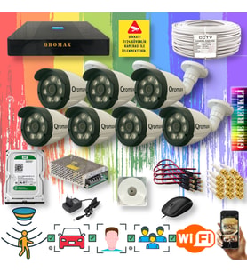 Qromax 7 Kameralı Set - Yapay Zeka Özellikli Gece Renkli Gösteren 8 Warm Ledli TurboHD Güvenlik Kamerası Seti 3908W-9008