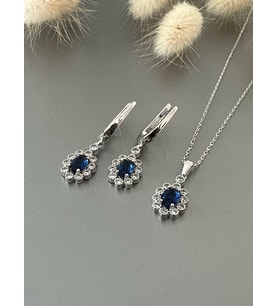 Gümüş Safir Oval Taşlı Sallantılı Küpe ve Kolye Seti- Hediye Kutulu
