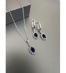 Gümüş Safir Oval Taşlı Sallantılı Küpe ve Kolye Seti- Hediye Kutulu