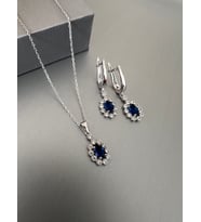 Gümüş Safir Oval Taşlı Sallantılı Küpe ve Kolye Seti- Hediye Kutulu